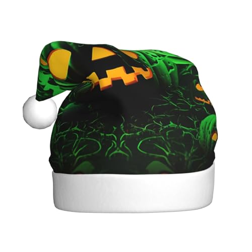 BULQAPZDF Weihnachtsmütze für Erwachsene, Motiv: grüner Geist, Horror, Halloween, Kürbis, mit flauschigem Bommel, festlich, weich, Plüsch, Weihnachtsmannmütze für Weihnachtsfeier von BULQAPZDF
