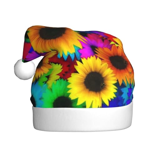 BULQAPZDF Weihnachtsmütze für Erwachsene, Regenbogen-Sonnenblume mit flauschigem Bommel, festliche, weiche Plüsch-Weihnachtsmannmütze für Weihnachtsfeier von BULQAPZDF