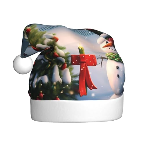 BULQAPZDF Weihnachtsmütze für Erwachsene, Weihnachtsbaum und Schneemann, mit flauschigem Bommel, festliche, weiche Plüsch-Weihnachtsmannmütze für Weihnachtsfeier von BULQAPZDF