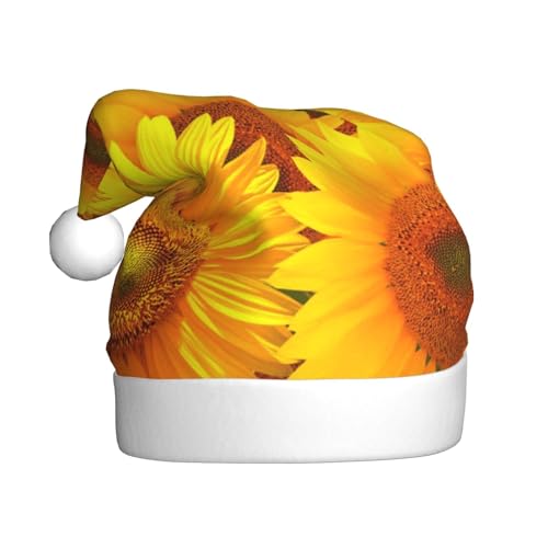 BULQAPZDF Weihnachtsmütze für Erwachsene, gelbe Sonnenblume mit flauschigem Bommel, festliche, weiche Plüsch-Weihnachtsmannmütze für Weihnachtsfeier von BULQAPZDF