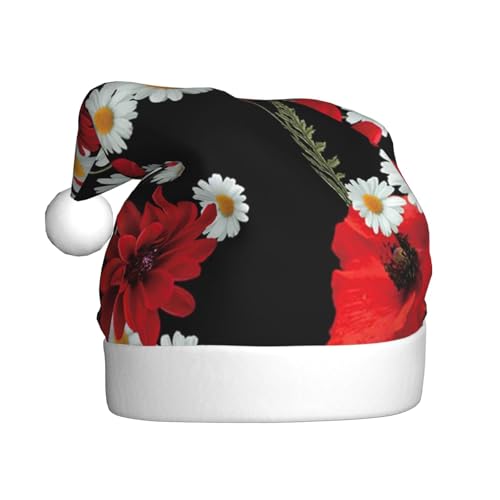 BULQAPZDF Weihnachtsmütze für Erwachsene, rote Blume und weiße Gänseblümchen, mit flauschigem Bommel, festliche, weiche Plüsch-Weihnachtsmannmütze für Weihnachtsfeier von BULQAPZDF