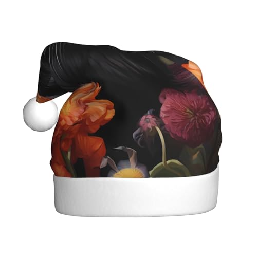 BULQAPZDF Weihnachtsmütze für Erwachsene, schwarze Katze und Blume, mit flauschigem Bommel, festlich, weich, Plüsch, Weihnachtsmannmütze für Weihnachtsfeier BULQAPZDF Weihnachtsmütze für Erwachsene, schwarze Katze und Blume, mit flauschigem Bommel, festlich, weich, Plüsch, Weihnachtsmannmütze für Weihnachtsfeier von BULQAPZDF