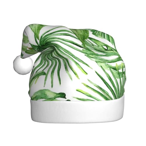 BULQAPZDF Weihnachtsmütze für Erwachsene, tropische Palme, Bananenblätter, mit flauschigem Bommel, festliche, weiche Plüsch-Weihnachtsmannmütze für Weihnachtsfeier von BULQAPZDF