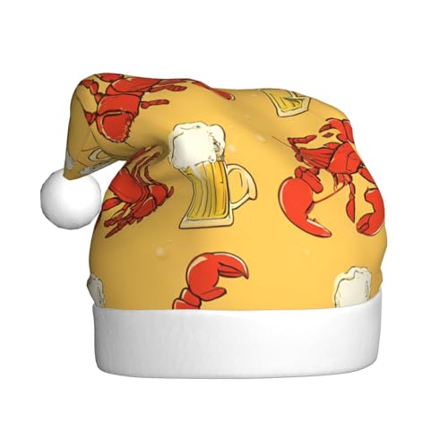 BULQAPZDF Weihnachtsmütze für Erwachsene mit Bier und Krebsen, mit flauschigem Bommel, festliche, weiche Plüsch-Weihnachtsmannmütze für Weihnachtsfeier von BULQAPZDF