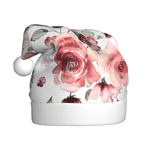 BULQAPZDF Weihnachtsmütze für Erwachsene mit flauschigem Bommel, Weihnachtsmannmütze mit blühenden Rosenblüten, festlich, weich, Plüsch, Weihnachtsmannmütze für Weihnachtsfeier von BULQAPZDF