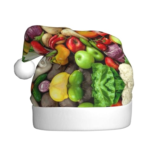 BULQAPZDF Weihnachtsmütze für Erwachsene mit frischem Obst und Gemüse, mit flauschigem Bommel, festliche, weiche Plüsch-Weihnachtsmannmütze für Weihnachtsfeier von BULQAPZDF