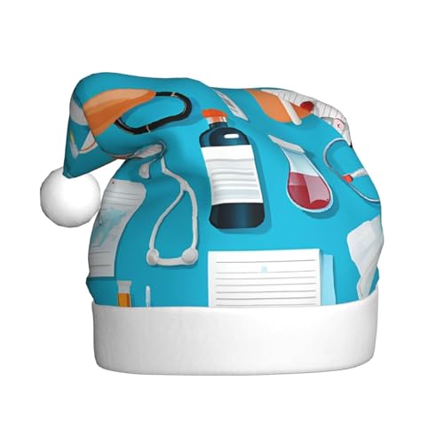 BULQAPZDF Weihnachtsmütze mit Cartoon-Medizin-Motiv, für Erwachsene, mit flauschigem Bommel, festliche, weiche Plüsch-Weihnachtsmannmütze für Weihnachtsfeiern von BULQAPZDF