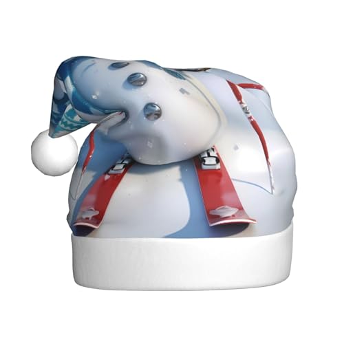 BULQAPZDF Weihnachtsmütze mit flauschigem Bommel, 3D-Cartoon, Skifahren, Schneemann, Schneeflocke, für Erwachsene, festliche, weiche Plüsch-Weihnachtsmütze für Weihnachtsfeiern von BULQAPZDF