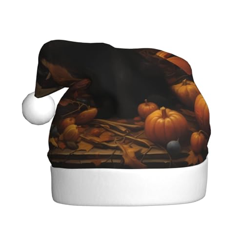 BULQAPZDF Weihnachtsmütze mit flauschigem Bommel, Motiv: schwarze Katze, festlich, weich, Plüsch, Weihnachtsmannmütze für Weihnachtsfeiern von BULQAPZDF