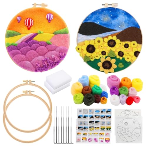 BUOKKON 2 Pack Nadelfilz Kit, Filzset für Anfänger mit Wolle Roving Bilderrahmen Filznadeln Anleitung, Nadelfilz Starter Kit für DIY Dekoration Muttertag Geschenk von BUOKKON