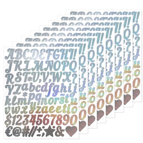 BUOKSLLY 8 Blatt Klebebuchstaben SetBuchstaben Aufkleber, Sticker Glitzer & Glitzer Sticker, 1in Selbstklebend Wasserdichte Vinyl Buchstaben Sticker für Scrapbooking, DIY, Party Deko (Silber) von BUOKSLLY