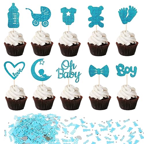 BURGEON Baby Cupcake Toppers Oh Baby Cake Topper mit Konfetti Baby für Geburtstag Babyparty Baby Shower Kuchen (Blau) von BURGEON