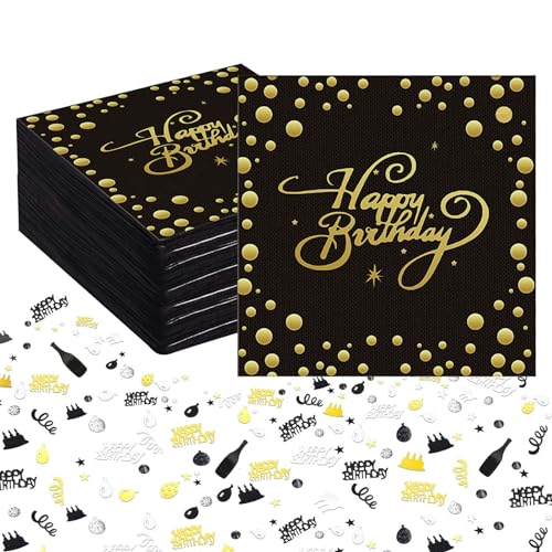 BURGEON 40 Stück Servietten Geburtstag mit 15g Geburtstag Konfetti Schwarz Gold, Happy Birthday Servietten Schwarz Gold Papierservietten Tischdeko für Geburtstag Party Deko von BURGEON