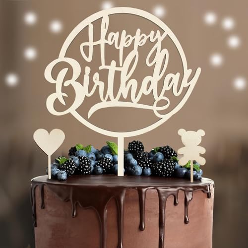 BURGEON Happy Birthday Cake Topper aus Holz, Tortendeko Geburtstag, Kuchen Deko Geburtstagsfeier Geburtstagsparty Geburtstagsfest, Kuchendeko für Mädchen Jungen Frauen Mann von BURGEON