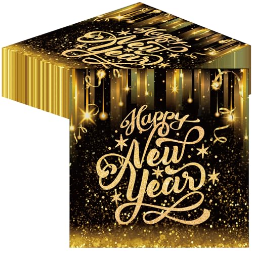 BUSCANDO 60Stück Servietten Silvester Neujahr Servietten Gold Schwarz Silvester Deko Silvester Tischdeko 2025 Happy New Year Servietten Silvester Papierservietten Silvester Party Accessories Deko von BUSCANDO