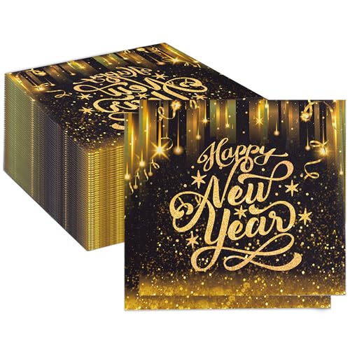 BUSCANDO Servietten Silvester Servietten Gold Schwarz Silvester Deko Silvester Servietten 2024 Happy New Year Servietten Silvester Tischdeko Silvester Party Accessories Home Deko (60 Stück) von BUSCANDO