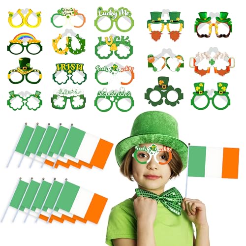 BUSCANDO St. Patrick's Day Dekorationen, 18 St. Patrick's Day-Brillen, 10 Stück, handgehaltene irische Flagge, St. Paddys Kleeblatt, Glücksparty-Zubehör, irische Dekoration, irische Party, von BUSCANDO