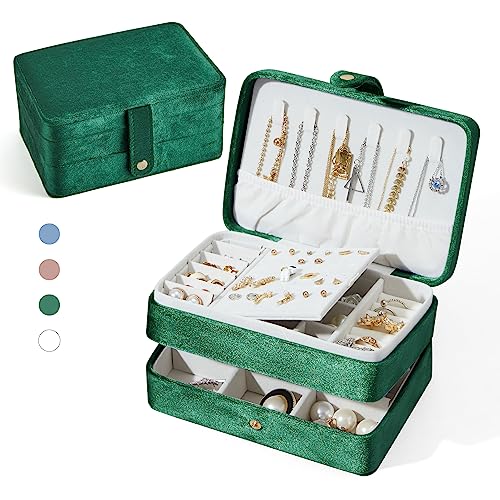 BUTI4WLD Kleine Samt-Schmuckschatulle für Damen und Mädchen, doppellagig, Reise-Schmuckkästchen für Ringe, Anhänger, Ohrringe, Halsketten, Armbänder, Organizer, Aufbewahrungsboxen, Grün von BUTI4WLD
