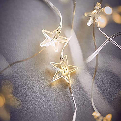 BUTLERS LED-Lichterkette mit Sternen 20 Lichter L 2,2m Drahtseil, Batteriebetrieben mit USB- und Timer-Funktion, warmweißes Licht -STAR LIGHTS- LED Weihnachtsbeleuchtung mit Sternen von BUTLERS