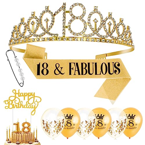 Set zum 18. Geburtstag Crown Set Glitter Girl Birthday Queen Sash Tiar Set mit 6 Luftballons Deko Rhingestone Birthday Crow (Goldenes Kostüm 18 Jahre) von BUTORY