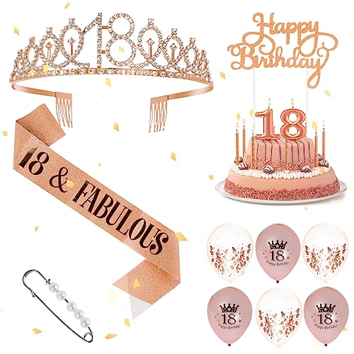 Set zum 18. Geburtstag Crown Set Glitter Girl Birthday Queen Sash Tiar Set mit 6 Luftballons Deko Rhingestone Birthday Crow (Set mit 18 Jahren in Roségold) von BUTORY