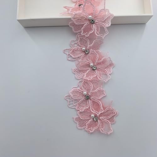 3D-Blumenspitzenbesatz, Perlen, bestickter Stoff, Blumenapplikationen, Spitzenband, handgefertigt, DIY-Nähbedarf, Handwerk für Kostüm, Hut, Dekoration (Rosa) von BUYSK