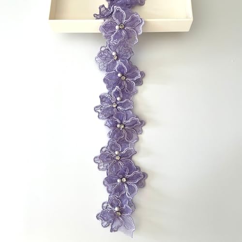 BUYSK Spitzenband mit 3D-Blumenverzierung, Perlen, bestickt, Spitzenbesatz, Stoff, Floral, Violett, Hochzeit, DIY/Crafting, 2 Meter von BUYSK