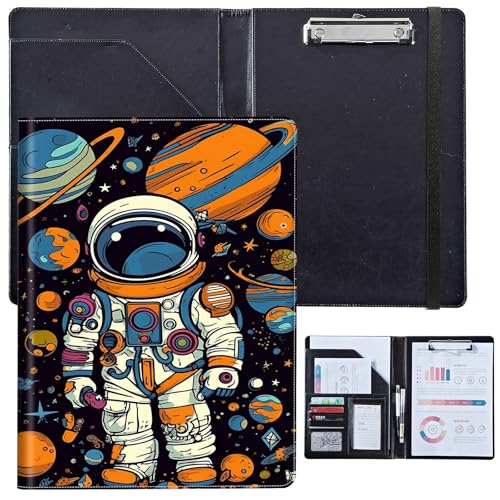 PU-Leder-Portfolio für Damen, Lebenslauf-Mappe für Interviews, professioneller Business-Organizer mit Dokumentenhalter, Kartenfächern und Stiftschlaufe, passend für Klemmbrett im A4-Format, Astronaut von BVCLKJPOI