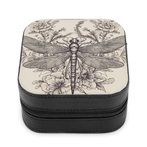 BVKWNTSA Hochwertige, handgezeichnete Schmuckschatulle mit Blumenmotiv und Libellen-Druck für Reisende, kleine und praktische Schmuckaufbewahrung, einfach zu tragen von BVKWNTSA