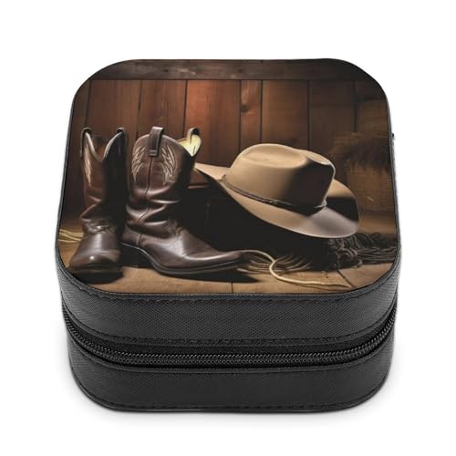 BVKWNTSA Hochwertige Schmuckschatulle mit Cowboy-Hut und Westernstiefeln, bedruckt für Reisende, kleine und praktische Schmuckaufbewahrung, leicht zu tragen von BVKWNTSA