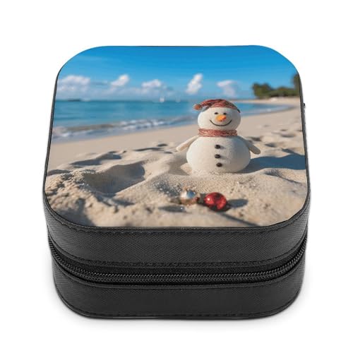 BVKWNTSA Hochwertige Schmuckschatulle mit Sand, Schneemann am Strand, bedruckt für Reisende, kleine und praktische Schmuckaufbewahrung, leicht zu tragen von BVKWNTSA