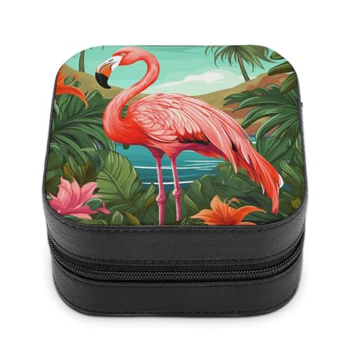 BVKWNTSA Hochwertige Schmuckschatulle mit tropischem Flamingo-Druck für Reisende, kleine und praktische Schmuckaufbewahrung, leicht zu tragen von BVKWNTSA