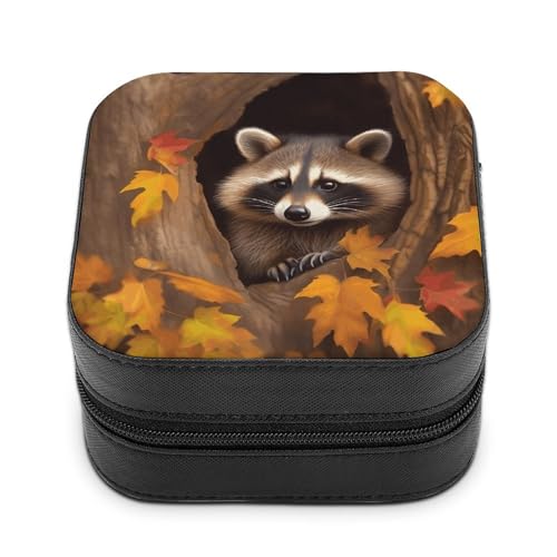 BVKWNTSA Hochwertiger Waschbär im Herbstbaumloch, bedruckte Schmuckschatulle für Reisende, kleine und praktische Schmuckaufbewahrung, einfach zu tragen von BVKWNTSA