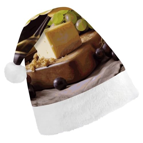BVNMT Festliche Weihnachtsmütze für Erwachsene, 43,4 x 29,7 cm, Polyester, Freude für die Feiertage, Weißwein, Käse, Kuchen, Trauben, bedruckte Weihnachtsmütze, Weihnachtsmütze, Partyhut für von BVNMT
