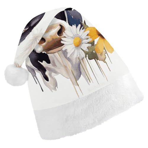 BVNMT Festliche Weihnachtsmütze für Erwachsene (43,4 x 29,7 cm) – Polyester-Freude für die Feiertage, Aquarell-Kuh und Gänseblümchen, bedruckt, Weihnachtsmannmütze, Weihnachtsmütze, Partyhut für von BVNMT