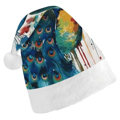 BVNMT Festliche Weihnachtsmütze für Erwachsene (43,4 x 29,7 cm) – Polyester-Freude für die Feiertage, Aquarell-Pfau, bedruckt, Weihnachtsmütze, Weihnachtsmütze, Partyhut für Erwachsene, Damen, Herren von BVNMT