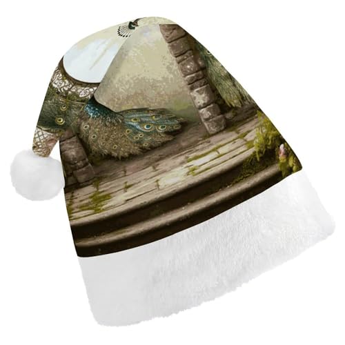BVNMT Festliche Weihnachtsmütze für Erwachsene (43,4 x 29,7 cm) – Polyester-Freude für die Feiertage, Gartentür, Pfau, bedruckte Weihnachtsmütze, Weihnachtsmütze, Partyhut für Erwachsene, Damen von BVNMT