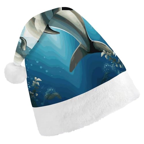 BVNMT Festliche Weihnachtsmütze für Erwachsene (43,4 x 29,7 cm) – Polyester-Freude für die Feiertage, Kuss, Delfingeschichte, bedruckte Weihnachtsmütze, Weihnachtsmütze, Partyhut für Erwachsene, Damen von BVNMT