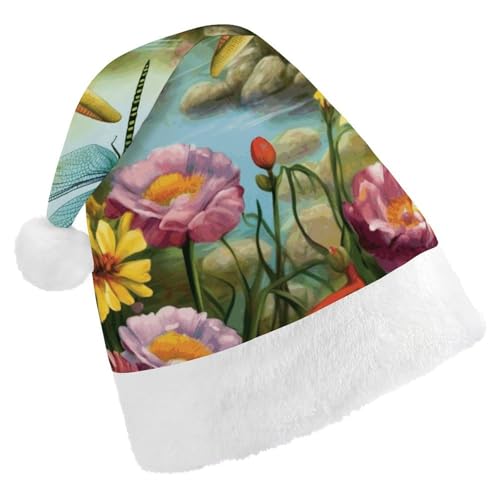 BVNMT Festliche Weihnachtsmütze für Erwachsene (43,4 x 29,7 cm) – Polyester-Freude für die Feiertage, Libelle, Garten, Frühling, bedruckte Weihnachtsmütze, Weihnachtsmütze, Partyhut für Erwachsene von BVNMT