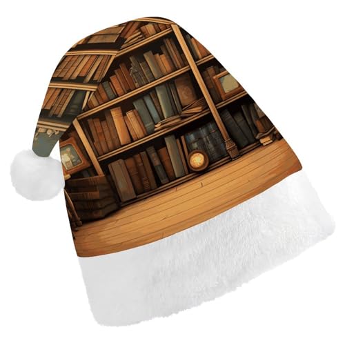 BVNMT Festliche Weihnachtsmütze für Erwachsene (43,4 x 29,7 cm) – Polyester Freude für die Feiertage, Retro-Bücherregal, bedruckte Weihnachtsmannmütze, Weihnachtsmütze, Weihnachtsmütze, Partyhut für von BVNMT