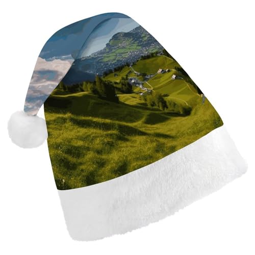 BVNMT Festliche Weihnachtsmütze für Erwachsene (43,4 x 29,7 cm) – Polyester-Freude für die Feiertage, Schweiz, Alpen, bedruckte Weihnachtsmütze, Weihnachtsmütze, Partyhut für Erwachsene, Damen, Herren von BVNMT