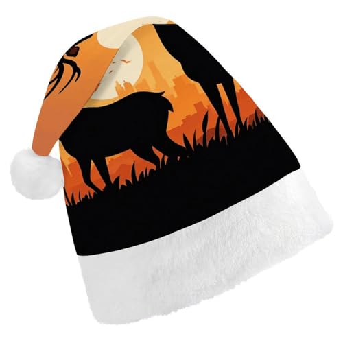 BVNMT Festliche Weihnachtsmütze für Erwachsene (43,4 x 29,7 cm) – Polyester-Freude für die Feiertage, Silhouette, Illustration von Hirsch und Reh, bedruckte Weihnachtsmütze, Weihnachtsmütze, Partyhut von BVNMT