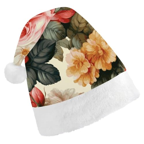 BVNMT Festliche Weihnachtsmütze für Erwachsene (43,4 x 29,7 cm) – Polyester-Freude für die Feiertage, Vintage-Blumendruck, Weihnachtsmütze, Weihnachtsmütze, Partyhut für Erwachsene, Damen, Herren von BVNMT