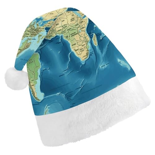 BVNMT Festliche Weihnachtsmütze für Erwachsene (43,4 x 29,7 cm) – Polyester-Freude für die Feiertage, Weltkarte, bedruckte Weihnachtsmütze, Weihnachtsmütze, Weihnachtsmütze, Partyhut für Erwachsene von BVNMT