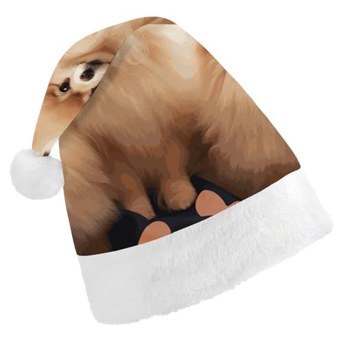 BVNMT Festliche Weihnachtsmütze für Erwachsene (43,4 x 29,7 cm) – Polyester-Freude für die Feiertage, Zwergspitz, Welpen, bedruckte Weihnachtsmütze, Weihnachtsmütze, Partyhut für Erwachsene, Damen von BVNMT