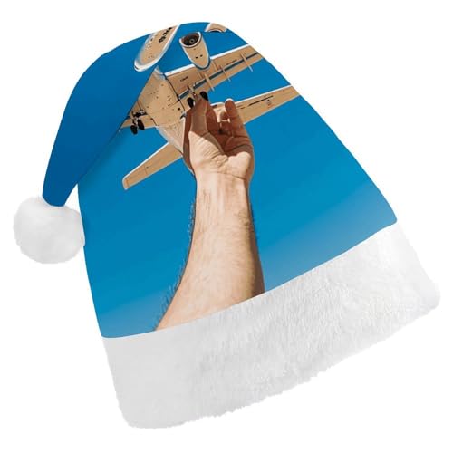 BVNMT Festliche Weihnachtsmütze für Erwachsene (43,4 x 29,7 cm) – Polyester-Freude für die Feiertage, blauer Himmel, weiße Flugzeuge, bedruckte Weihnachtsmütze, Weihnachtsmütze, Partyhut für von BVNMT