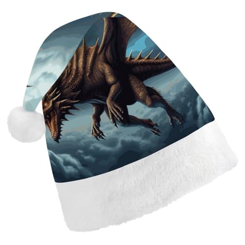 BVNMT Festliche Weihnachtsmütze für Erwachsene (43,4 x 29,7 cm) – Polyester-Freude für die Feiertage, fliegender Drache, bedruckte Weihnachtsmannmütze, Weihnachtsmütze, Weihnachtsmütze, Partyhut für von BVNMT