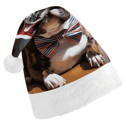 BVNMT Festliche Weihnachtsmütze für Erwachsene (43,4 x 29,7 cm) – Polyester-Freude für die Feiertage, französische Bulldogge mit Sonnenbrille, bedruckte Weihnachtsmütze, Weihnachtsmütze von BVNMT