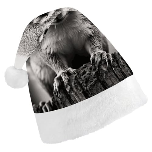 BVNMT Festliche Weihnachtsmütze für Erwachsene (43,4 x 29,7 cm) – Polyester-Freude für die Feiertage, hellgraue Eichhörnchen-bedruckte Weihnachtsmütze, Weihnachtsmütze, Partyhut für Erwachsene, Damen von BVNMT