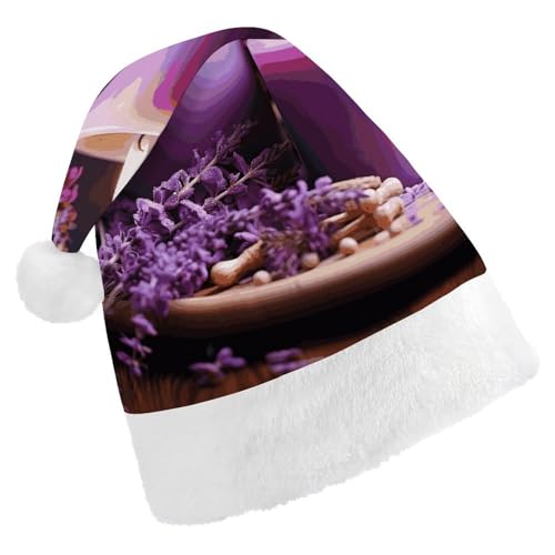 BVNMT Festliche Weihnachtsmütze für Erwachsene (43,4 x 29,7 cm) – Polyester-Freude für die Feiertage, lila Lavendel mit Kerzen, bedruckte Weihnachtsmütze, Weihnachtsmütze, Partyhut für Erwachsene von BVNMT